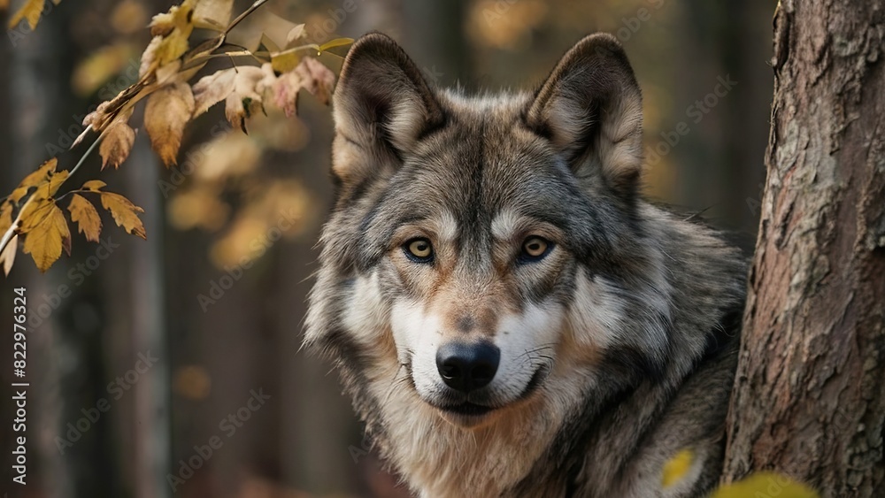 Grey wolf in the forest, close-up, blurred background, good lighting Grey wolf in the forest, close-up, blurred background, good lighting