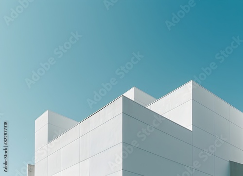 White architecture with geometric shapes and blue sky background