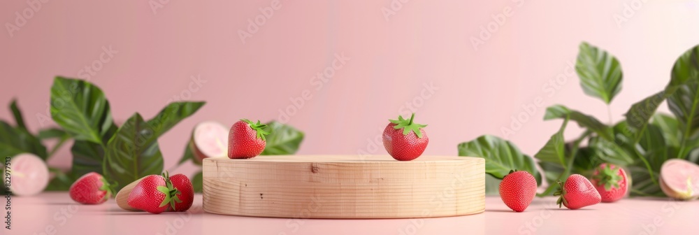 Minimal wooden pedestal for product presentation in pastel pink background, fruit strawberry around