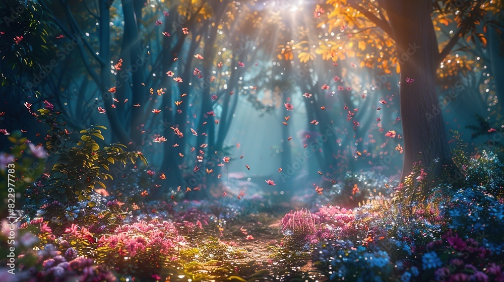 Enchanted forest with mystical lighting and colorful flora