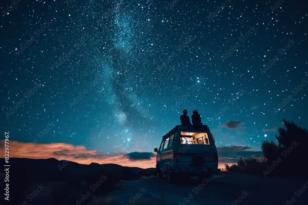 A couple enjoying stargazing from the top of a van, AI-generated A couple enjoying stargazing from the top of a van, AI-generated