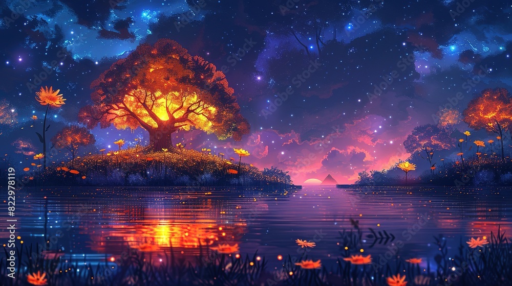 Fototapeta premium Glowing Grove: Cartoon Neon Night Forest
