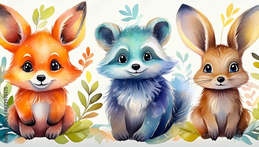 Fototapeta premium cute watercolor wildlife baby animals illustrations set