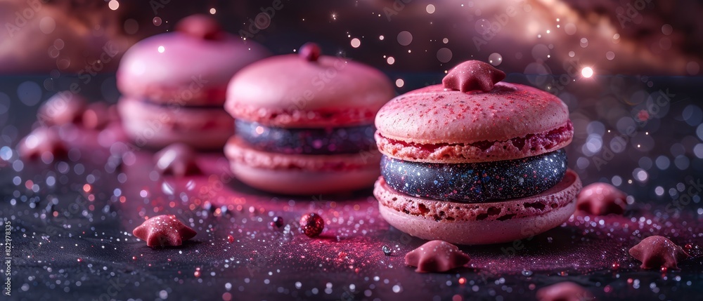 A single pink macaron with a cosmic galaxy glitter effect sprinkled with sparkles A single pink macaron with a cosmic galaxy glitter effect sprinkled with sparkles