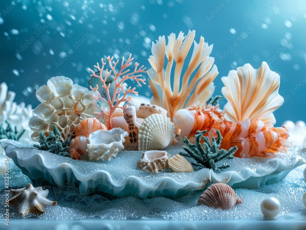 A stunning artistic representation of underwater sea life featuring a variety of shells and coral on a scallop-shaped dish amid a dreamy blue backdrop