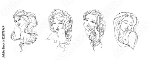 Woman beauty set abstract silhouette, young fashion girl, modern abstract line women, continuous line drawing, tattoo, logo design for spa beauty salon, card, isolated vector illustration. (ID: 822978969)