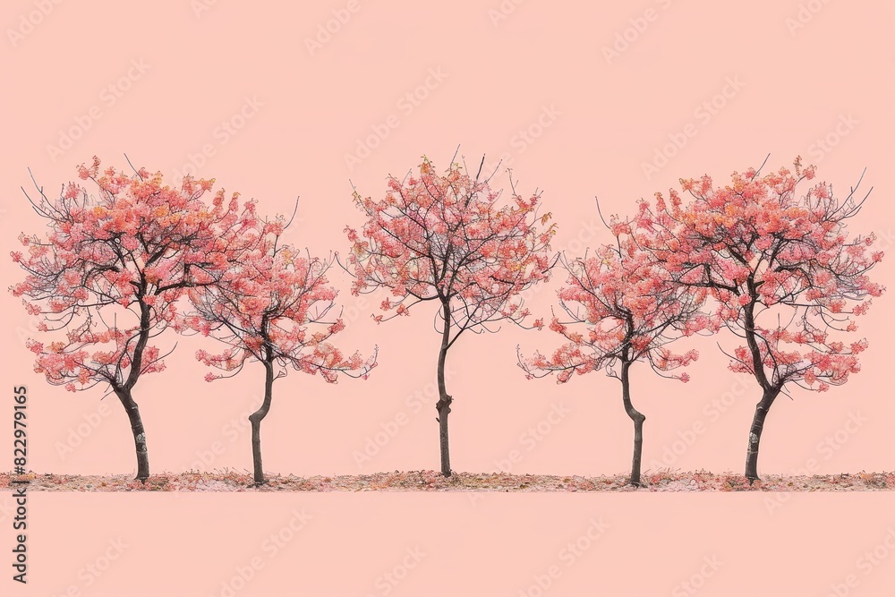 Cherry blossom trees in full bloom against an isolated light pink background, with a large copy space at the top Cherry blossom trees in full bloom against an isolated light pink background, with a large copy space at the top