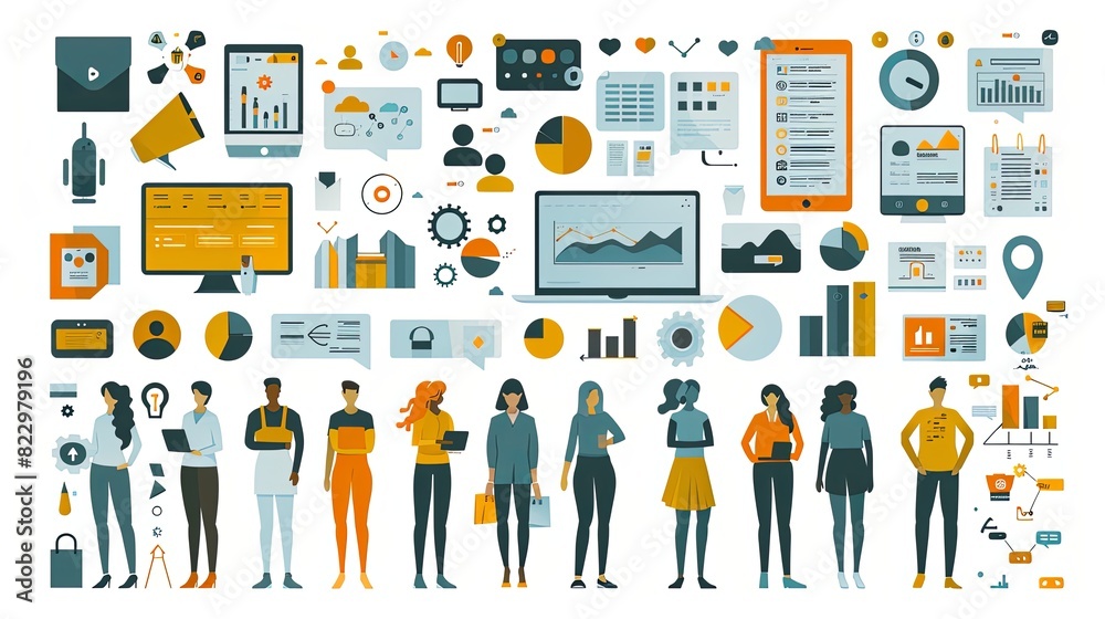 Digital marketing concept illustrations. Set of people vector illustrations in various activities of internet marketing, web and app design and development, seo, social network Digital marketing concept illustrations. Set of people vector illustrations in various activities of internet marketing, web and app design and development, seo, social network