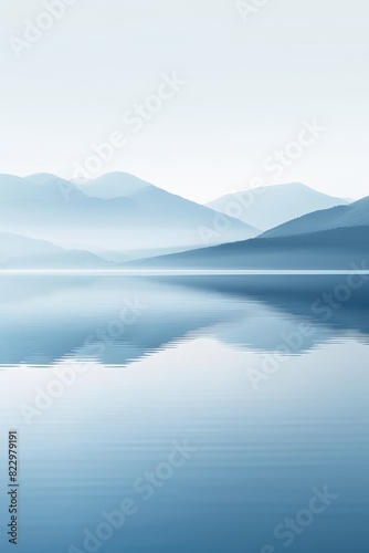 Clear mountain lake against isolated light blue backdrop, ample space for text on the left