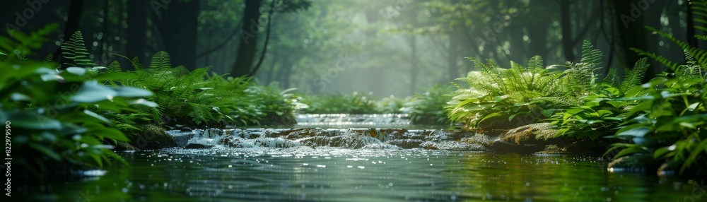 A clear stream in a forest, set against an isolated blue background, with bottom copy space A clear stream in a forest, set against an isolated blue background, with bottom copy space