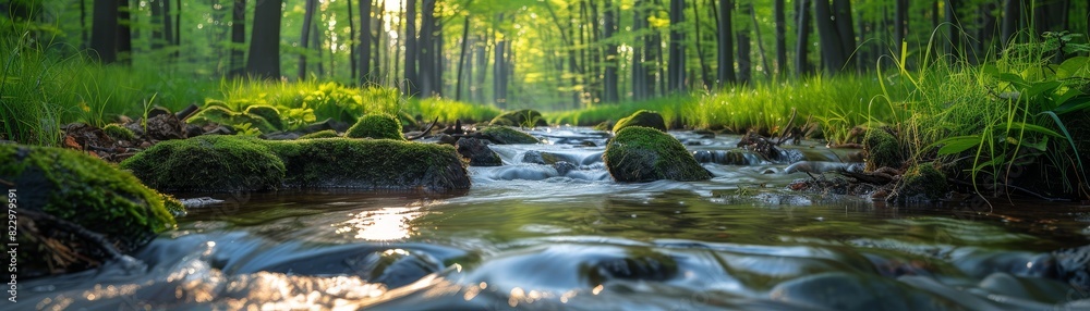 Clear stream flows through a serene forest with an isolated blue backdrop and ample bottom space for text Clear stream flows through a serene forest with an isolated blue backdrop and ample bottom space for text