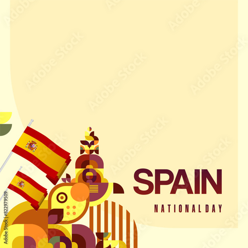 Spanish National Day square banner in colorful modern geometric style. National and Independence Day greeting card with Spain flag. Background celebrating national holiday party