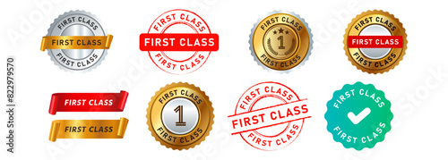 first class circle seal badge and ribbon sign for recommended business modern comfort commercial