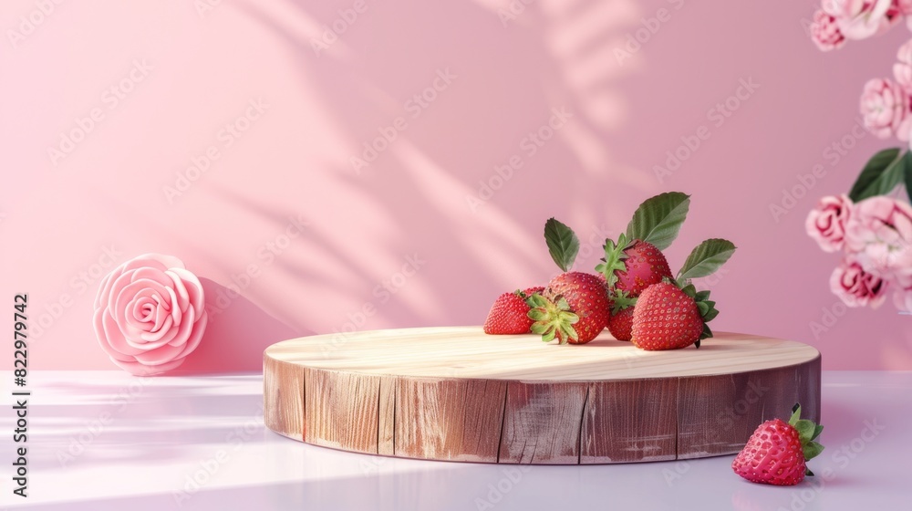 Minimal wooden pedestal for product presentation in pastel pink background, fruit strawberry around Minimal wooden pedestal for product presentation in pastel pink background, fruit strawberry around