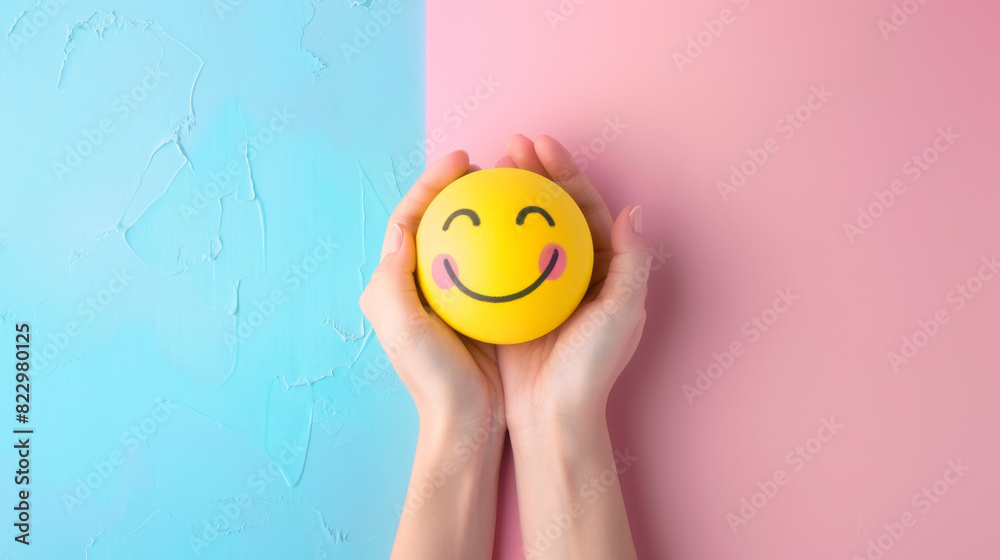 Female hands holding a yellow smiley face ball on a pastel background with copy space, in a top view. This could represent the mental health concept and positive thinking for World colorful Female hands holding a yellow smiley face ball on a pastel background with copy space, in a top view. This could represent the mental health concept and positive thinking for World colorful