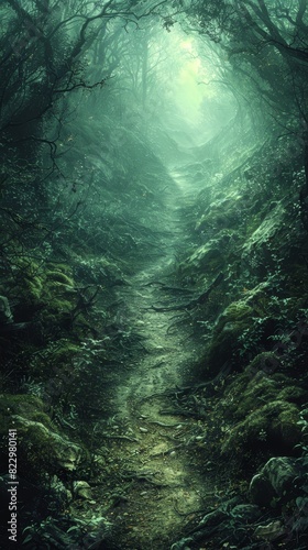 A deep forest path against an isolated  dark green backdrop offers ample copy space at the bottom