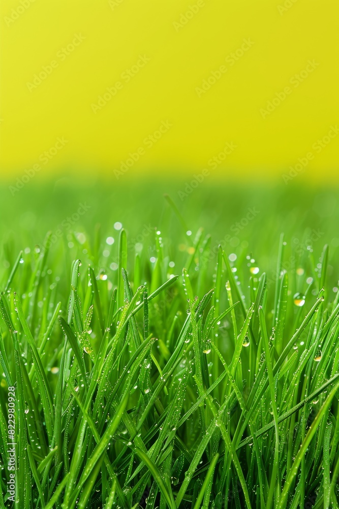 Early morning dew covers grass, backdrop in light green, ample space for text