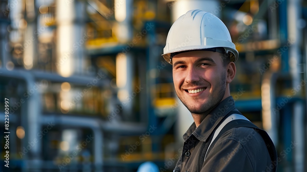 Cheerful Petroleum Engineer in Hardhat at Industrial Worksite Cheerful Petroleum Engineer in Hardhat at Industrial Worksite