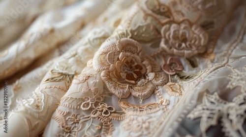 Intricate floral details and rich textures of vintage fabrics, such as lace, embroidery, or tapestries, highlighting their timeless elegance 