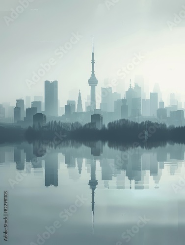 Foggy city skyline at dawn against a light grey backdrop with space on top