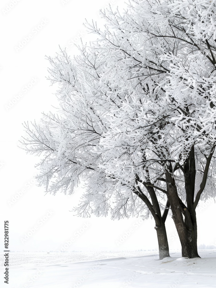 Fototapeta premium Frost-covered winter trees on a white backdrop with space for text