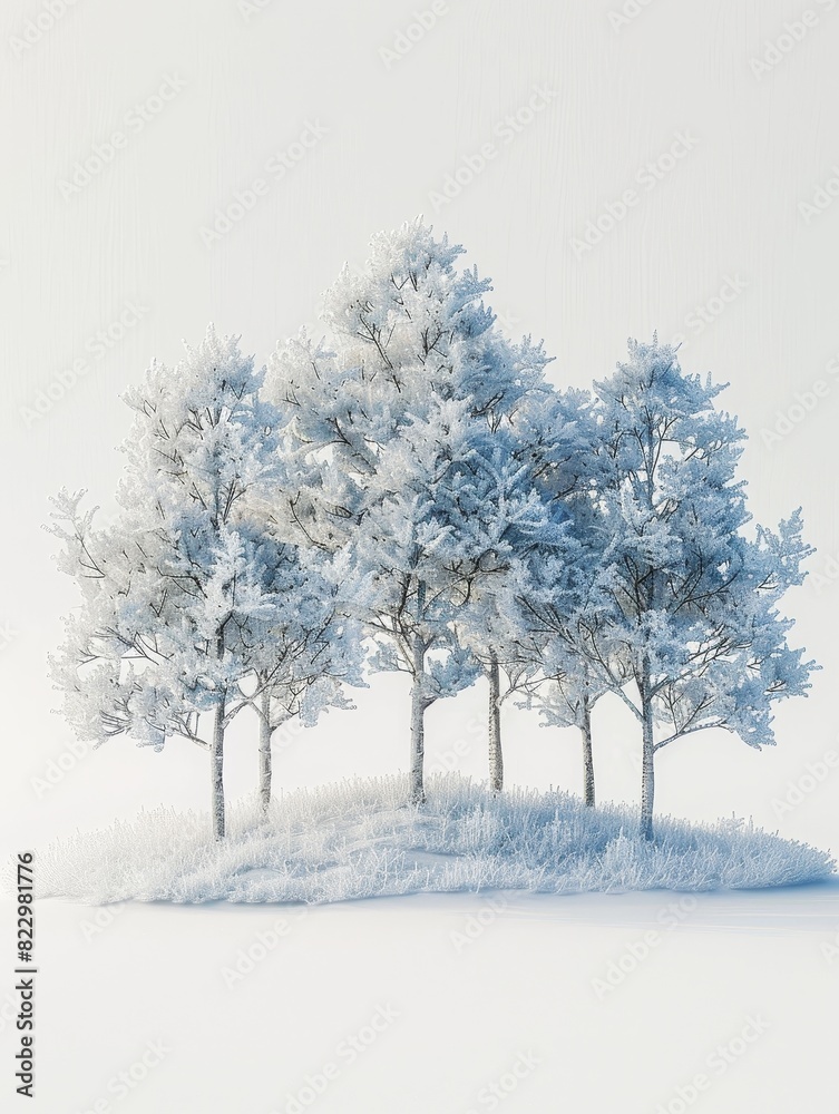 Winter's frosty touch blankets trees, white backdrop, space for text Winter's frosty touch blankets trees, white backdrop, space for text