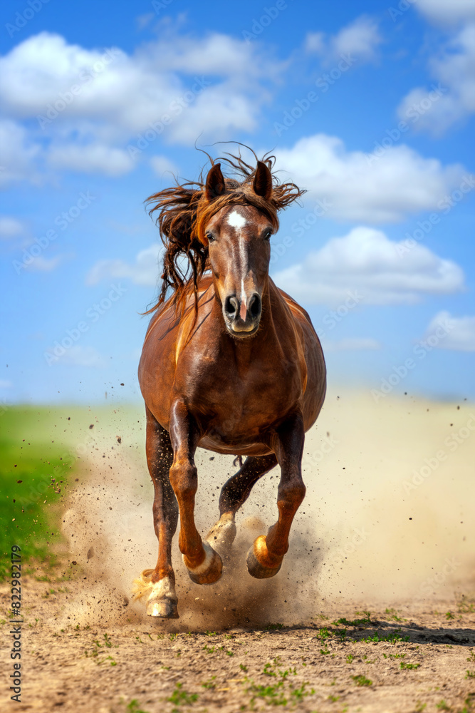 Obraz premium Brown horse running on dirt road