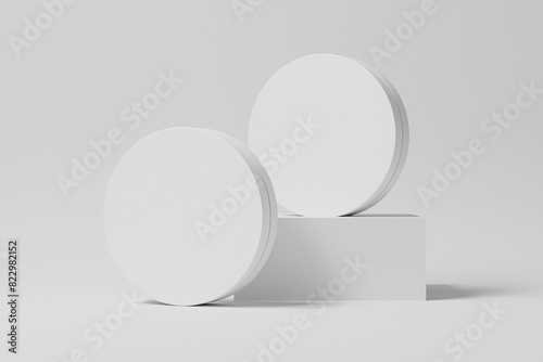 round thin box mock up, flat cylinder rigid paper box mock-up, set of circle box standing isolated on white background, 3D render of white blank disk-shape container, circle gift box packaging storage photo