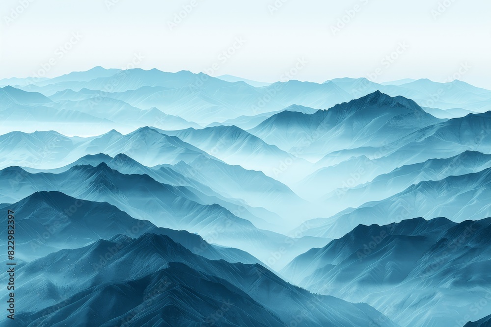 High mountain vista at sunrise, offering top space for text against an isolated pale blue backdrop