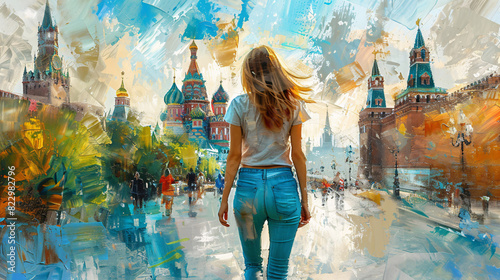 Woman exploring a city's famous architecture, captured in a hand-drawn, sketch-like oil painting with a focus on texture