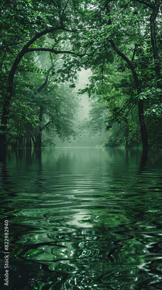 Fototapeta premium Jungle river at twilight, dark green backdrop, ample room for text above