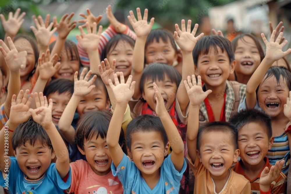 Group of happy asian children raising their hands in the air. Group of happy asian children raising their hands in the air.