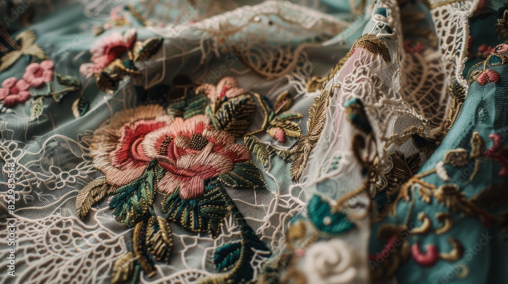 Intricate red floral details and rich textures of vintage fabrics, such as lace, embroidery, or tapestries, highlighting their timeless elegance 