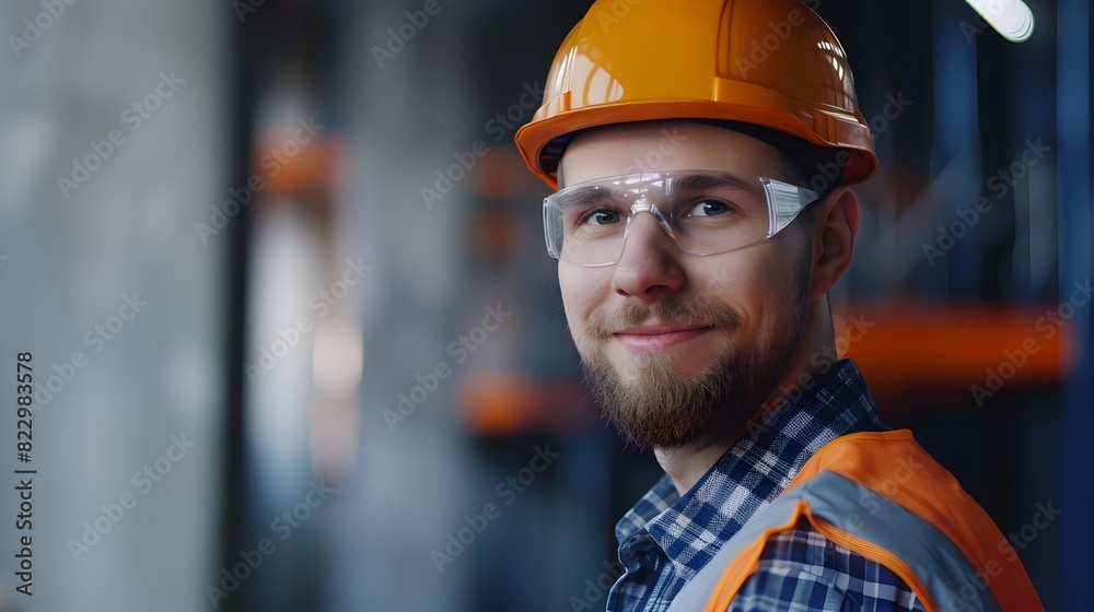 Cheerful Young Industrial Worker in Safety Gear on Job Site Cheerful Young Industrial Worker in Safety Gear on Job Site
