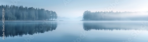Misty dawn lake, light blue background with space on the right © Fokasu Art