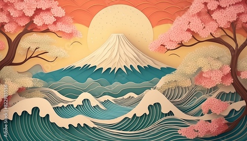 富士山と桜と海が見えるファンタジーな風景