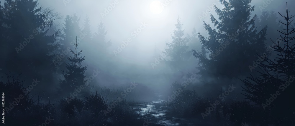 Fototapeta premium A moonlit forest path against an isolated dark grey background with top space for text