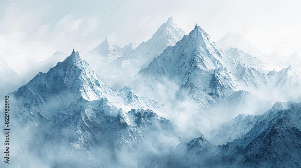 Misty mountains at dawn, isolated pale blue background, copy space bottom for text Misty mountains at dawn, isolated pale blue background, copy space bottom for text