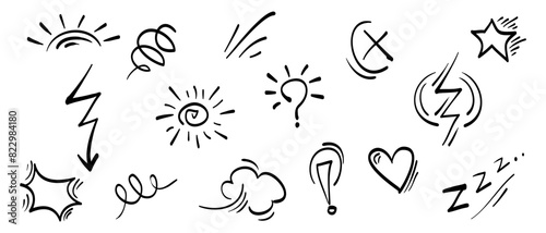 Doodle set cartoon expressions effects. Hand drawn emoticon effects design elements. vector illustration