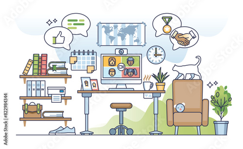 Remote work culture and home office as job workspace outline diagram. Online meeting with colleagues, customer or team about agreements and distant contracts vector illustration. Contemporary work.