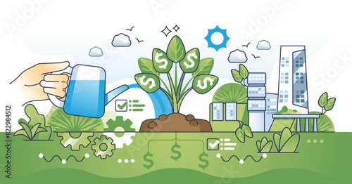 Green growth with sustainable and nature friendly profit outline hands concept. Financial development from ecological business vector illustration. Environmental and continuous economy. Growing money
