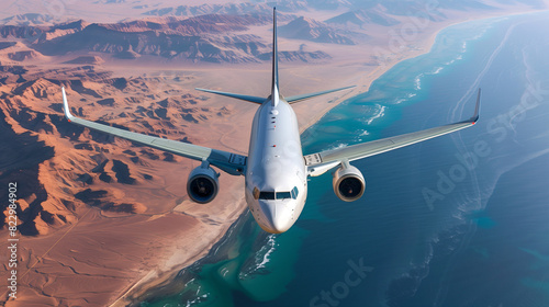 Front view of a commercial white airplane is flying in the sky above a coast between desert and ocean.