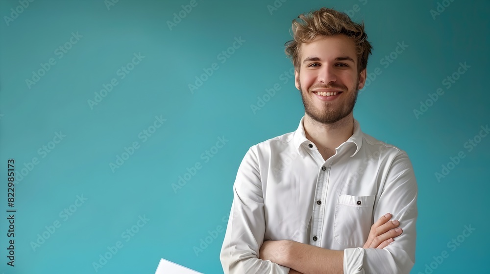 Cheerful Young Professional Salesman Posing in Studio with Turquoise Background Cheerful Young Professional Salesman Posing in Studio with Turquoise Background