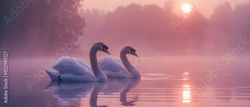 Fototapeta Naklejka Na Ścianę i Meble -  Tranquil lake hosts swans amidst sunrise colors against a soft purple backdrop, with room for text