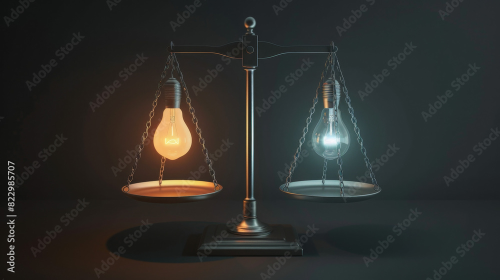 Scales with two different bulb on each side, concept of balance and idea.3d rendering illustration Scales with two different bulb on each side, concept of balance and idea.3d rendering illustration