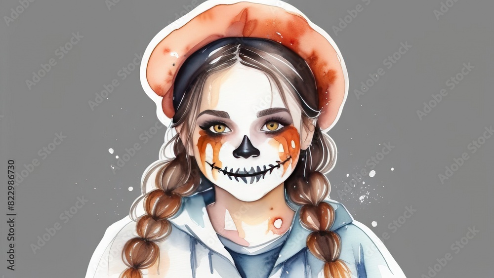 Watercolor illustration of a girl in a Halloween costume on a white isolated background, happy Halloween kids, Watercolor illustration of a girl in a Halloween costume on a white isolated background, happy Halloween kids,