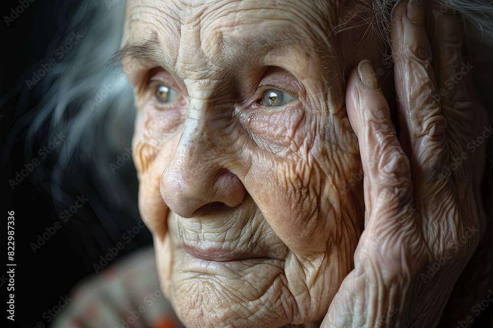 An elderly woman's sorrowful face, gaze distant as a weathered hand rests on her cheek, lost in melancholic contemplation and cherished memories An elderly woman's sorrowful face, gaze distant as a weathered hand rests on her cheek, lost in melancholic contemplation and cherished memories