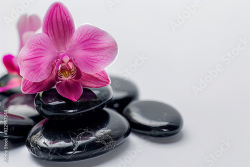 Black spa stones alongside a vibrant pink bloom create a striking contrast against the pristine white backdrop in an elegant floral arrangement