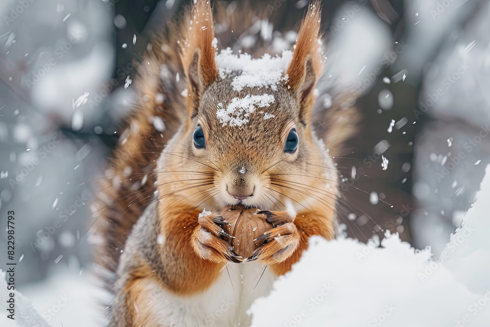 Amidst an enchanting snowy wonderland, an adorable orange squirrel nibbles a nut, showcasing nature's beauty in harsh winter Amidst an enchanting snowy wonderland, an adorable orange squirrel nibbles a nut, showcasing nature's beauty in harsh winter