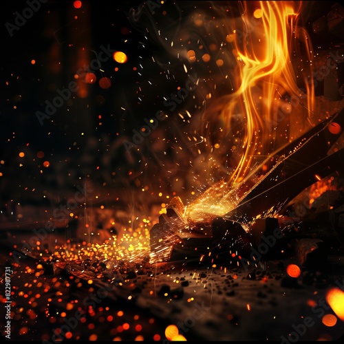 Molten metal and sparks in a dark forge, Dramatic, Warm and dark tones, Digital art, High contrast